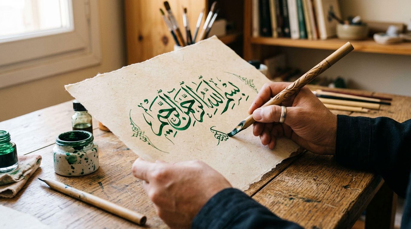 Master calligrapher writing Arabic calligraphy with reed pen and deep olive green ink