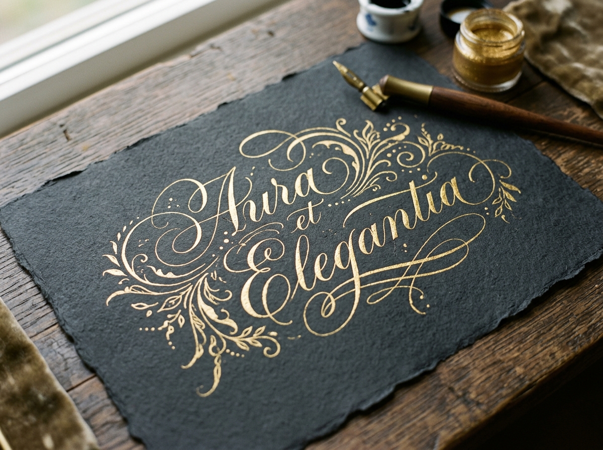 Latin Calligraphy flourishes in gold ink