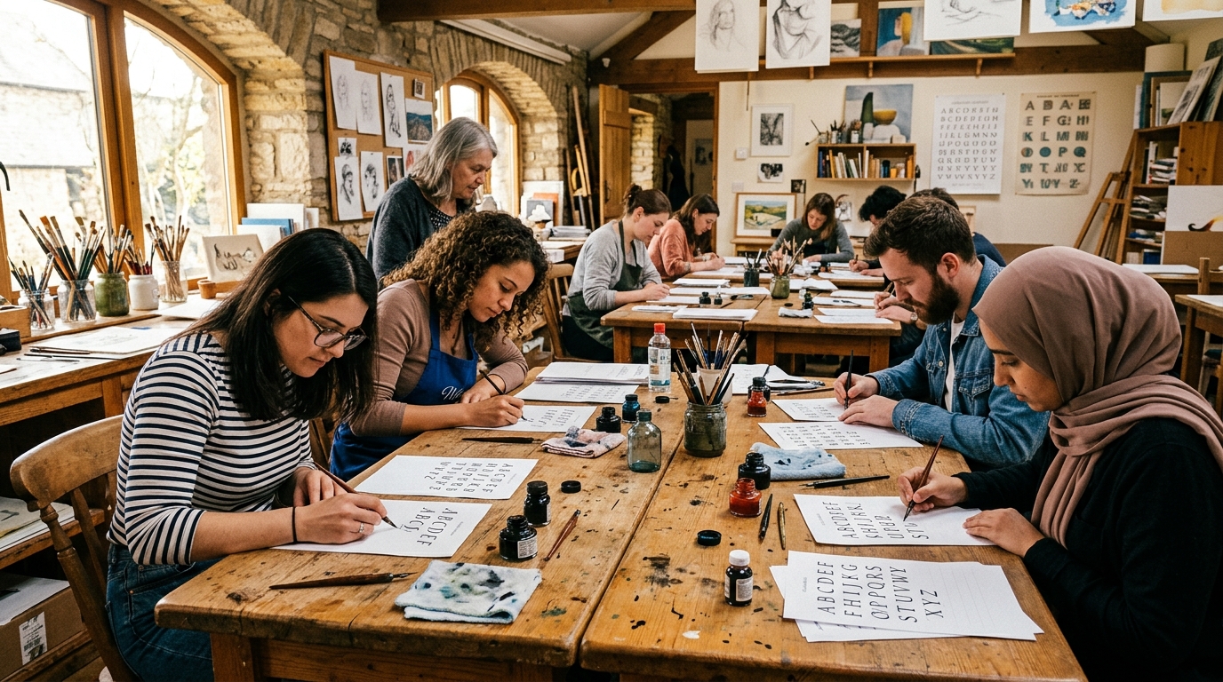 Calligraphy students practicing in studio